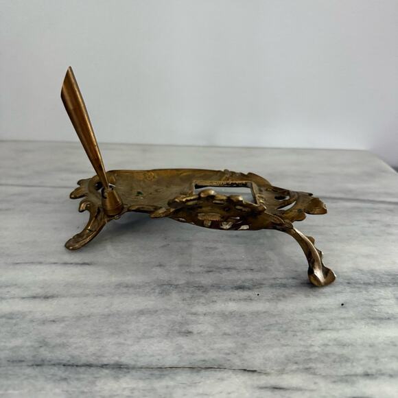 Vintage Solid Brass Art Nouveau Style Inkwell Footed Ornate Victorian Desk Gold - Picture 2 of 7